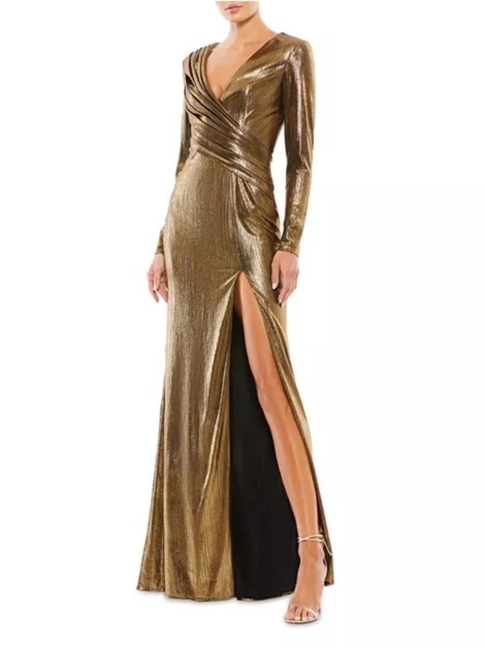 Metallic Long Sleeve Asymmetrical Ruched Gown 26684 $398